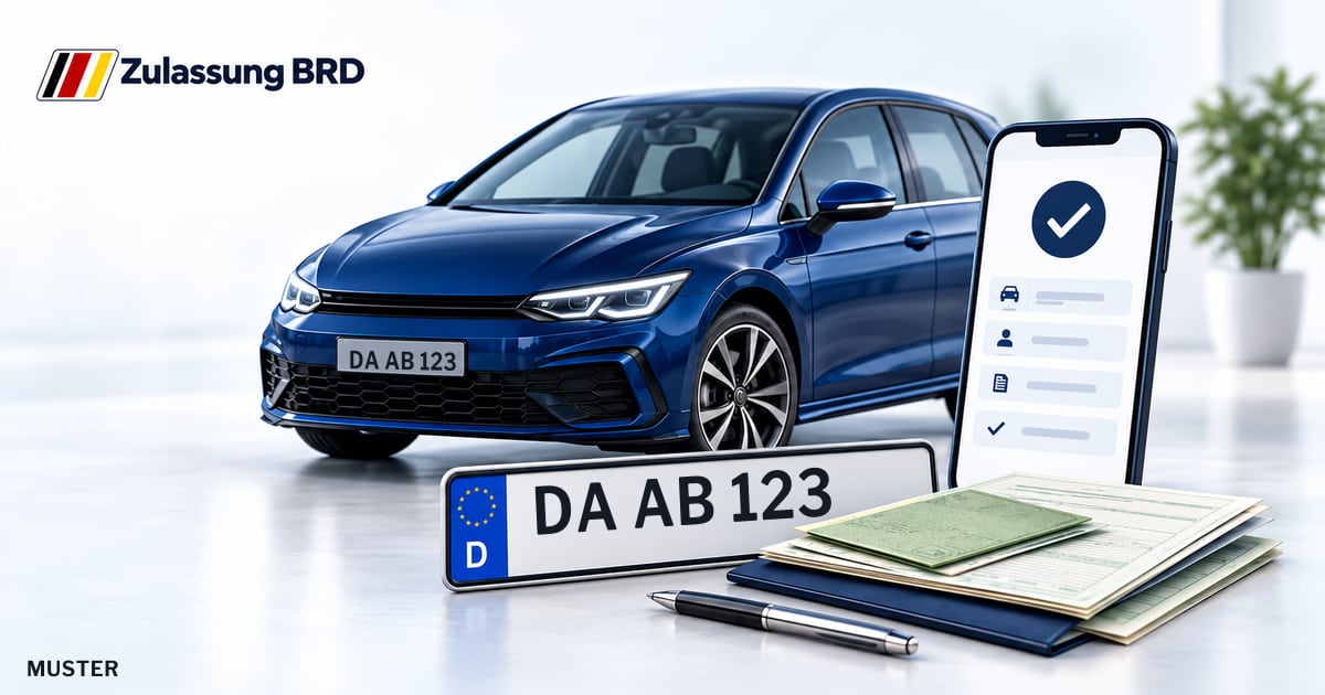 Online Fahrzeugzulassung in Erzhausen: Musterkennzeichen DA AB 123, Auto und Fahrzeugpapiere und Smartphone. Illustration mit Logo von Zulassung BRD.